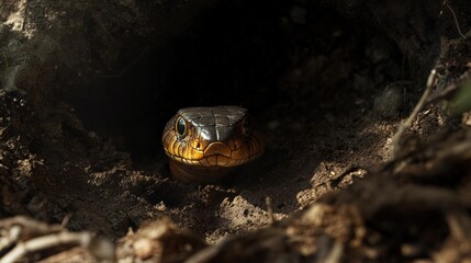 Fototapeta premium Snake Emerging from Burrow in Nature Setting with Dark Background