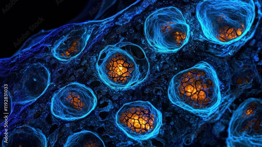 Poster detailed microscopic view of illuminated cellular structures showcasing intricate patterns and textu