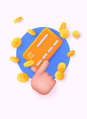 Credit card Icon with coins. Payment of utility, bank, restaurant and other bill. 3D Web Vector Illustrations.