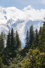 Mountaineers on the path between trees with Montblanc in the background