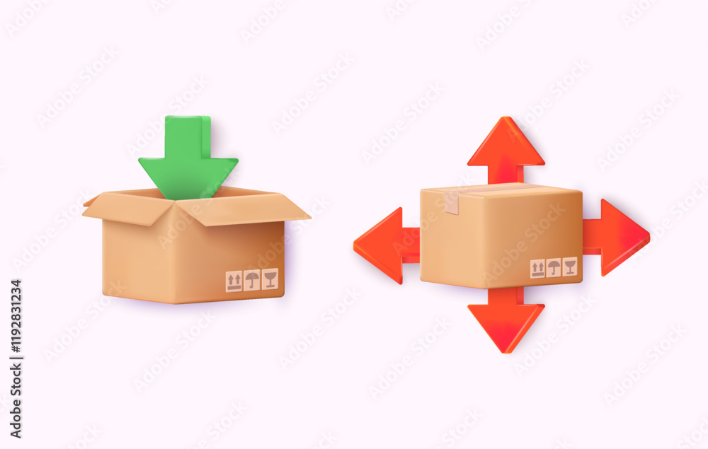 Aufkleber cardboard box with arrows to represent delivery and logistics. 3d web vector illustrations.