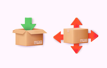 Cardboard box with arrows to represent delivery and logistics. 3D Web Vector Illustrations.