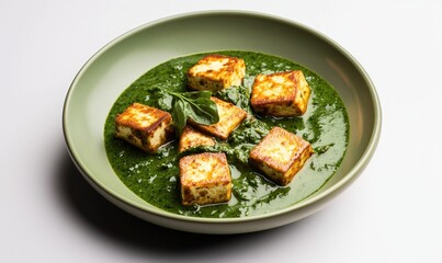 Rich palak paneer served on a green plate with smooth spinach gravy and garnished with fresh herbs