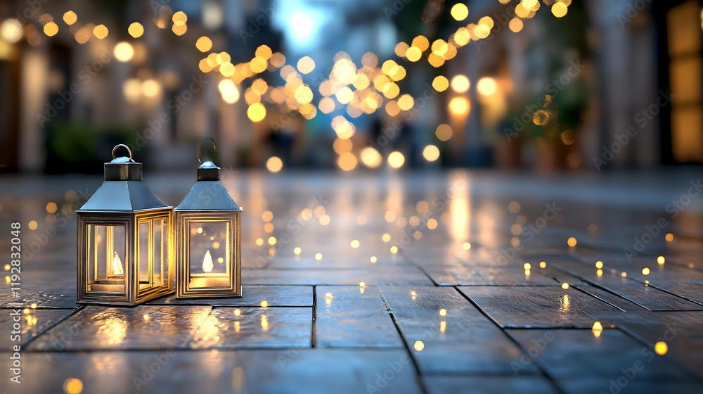 Aufkleber festive lanterns illuminate a cobblestone street at twilight, with string lights creating a magical 