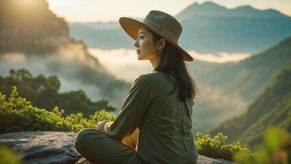Meditating woman in hat enjoying scenic mountain view outdoors