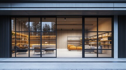 A bold, modern black metal door with large glass panels, leading to a minimalist indoor living space with open shelving and modern furniture