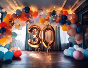 Colorful balloons arch and number 30 celebrating a 30th birthday party