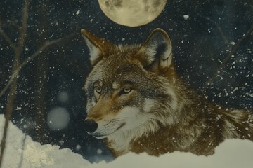 Merged Wolf Face with Moon in a Winter Landscape