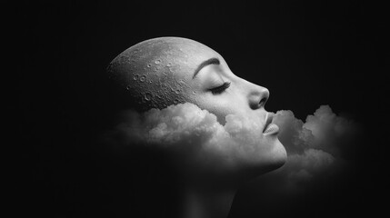 Woman Profile with Moon and Clouds in Black and White Design