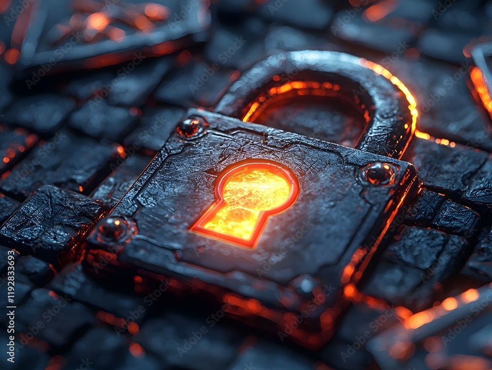 Poster glowing padlock icon surrounded by shields and swords symbolizing robust physical and digital securi