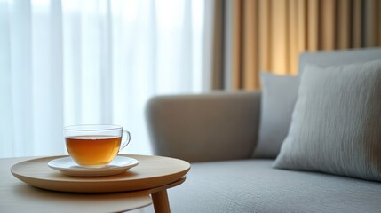 A cup of tea rests on a wooden table near a sofa