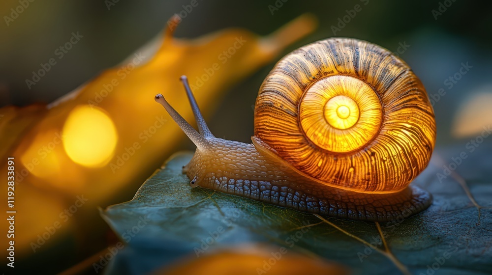 Poster glowing snail shell with detailed pattern on a leaf in autumn light