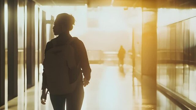 A silhouette of a young woman walking through a sunlit corridor, carrying a backpack and casting a serene figure against the bright backdrop