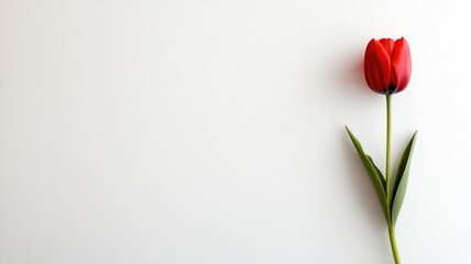 Fototapeta premium Single red tulip flower on white background, minimalistic look