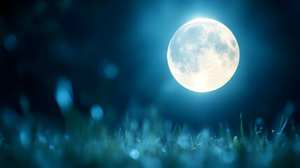 Full moon illuminating dewy grass at night, serene landscape perfect for tranquility, nature, and dream-themed designs