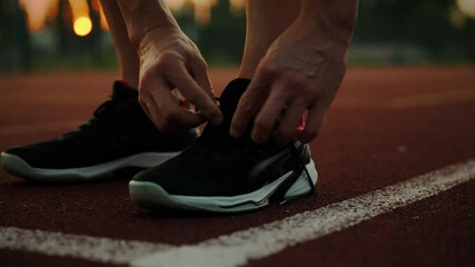 Healthy lifestyle. Athletic man in sportswear tying shoelaces on the playing field. Active athlete putting on running shoes for jogging, following an athletic lifestyle, physical activity