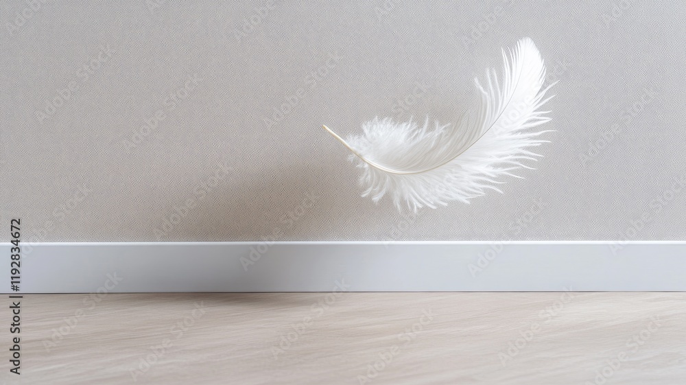 Poster white feather floating in front of light wall background, creating serene and delicate atmosphere
