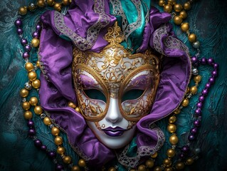 Fototapeta premium Intricate Traditional Mardi Gras Mask Close-Up with Elegant Details and Colorful Beads Perfect for Celebrating Carnival Festivities and Cultural Events