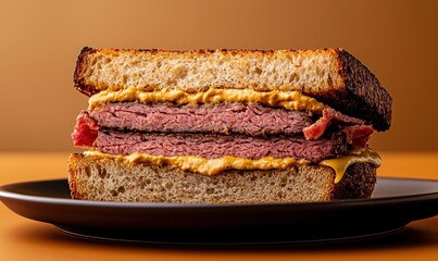 Delicious pastrami cheeseburger served on a dark plate against a muted orange backdrop captures mouthwatering flavor