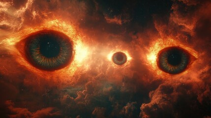 Surreal Cosmic Eyes Glowing in Dark Nebula with Fiery Clouds