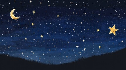 Peaceful night sky with stars and a crescent moon.