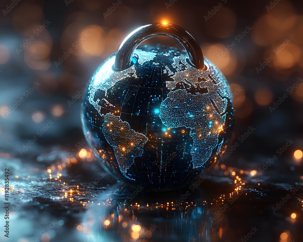Poster glowing padlocked globe symbolizing global data security and cybersecurity concept