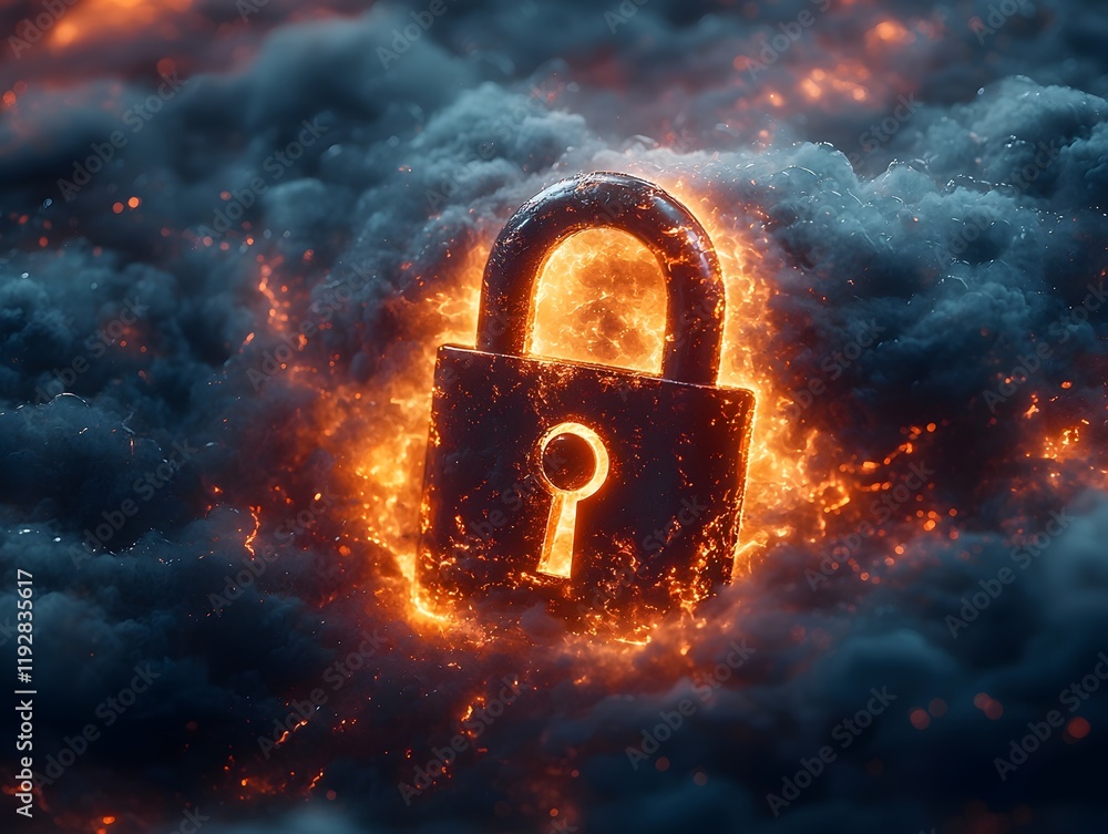 Poster flaming padlock icon floating in digital cloudscape cybersecurity concept with smooth glowing edges