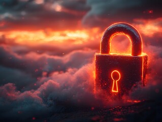 Glowing Minimalist Padlock Icon Floating in Digital Cloudscape