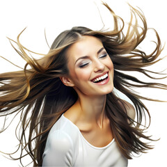 Fototapeta premium Lady smiling with closed eyes wind blowing on her hair isolated on transparent background