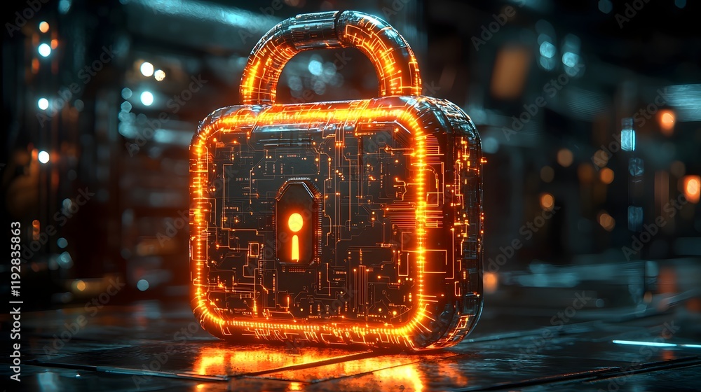 Poster glowing digital padlock icon with circuit board pattern concept