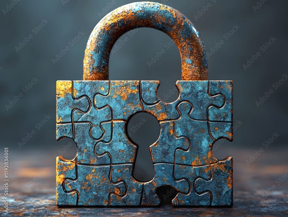 Poster intricate padlock icon made of puzzle pieces symbolizing the complexity of modern security systems
