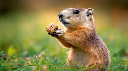 Fototapeta premium Heartwarming Close-Up of a Groundhog Happily Holding a Small Nut in a Lush Green Field Under Soft Natural Lighting