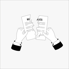 Hands tearing a rules document in flat vector illustration symbolizing defiance, breaking rules, and legal consequences, isolated on white background.