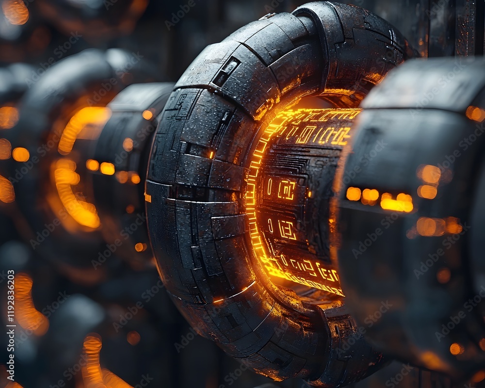Poster glowing padlock icon wrapped in chains with intricate digital code engravings futuristic cybersecuri
