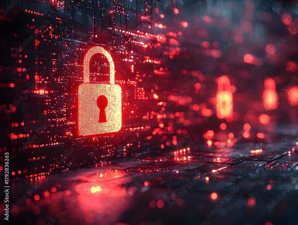 Aufkleber secured digital padlock icon hovering in futuristic virtual space with orbiting holographic keys