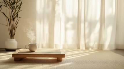 Steaming Cup on Wooden Tray Near Window