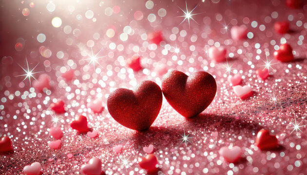 Two glittery red hearts on sparkling pink background with bokeh and star effects