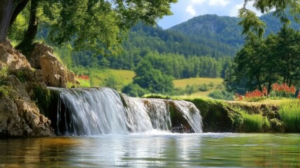 Fototapeta premium Pristine Woodland Waterfall with Moss-Covered Rocks and Lush Forest Canopy in Natural Sunlight