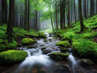 Tranquil Rain-Drenched Forest Scene with Soaked Moss-Covered Trees and a Gentle Stream Flowing Through Lush Greenery in a Serene Landscape