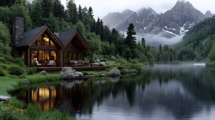 Fototapeta premium Charming Cabin by Tranquil Lake