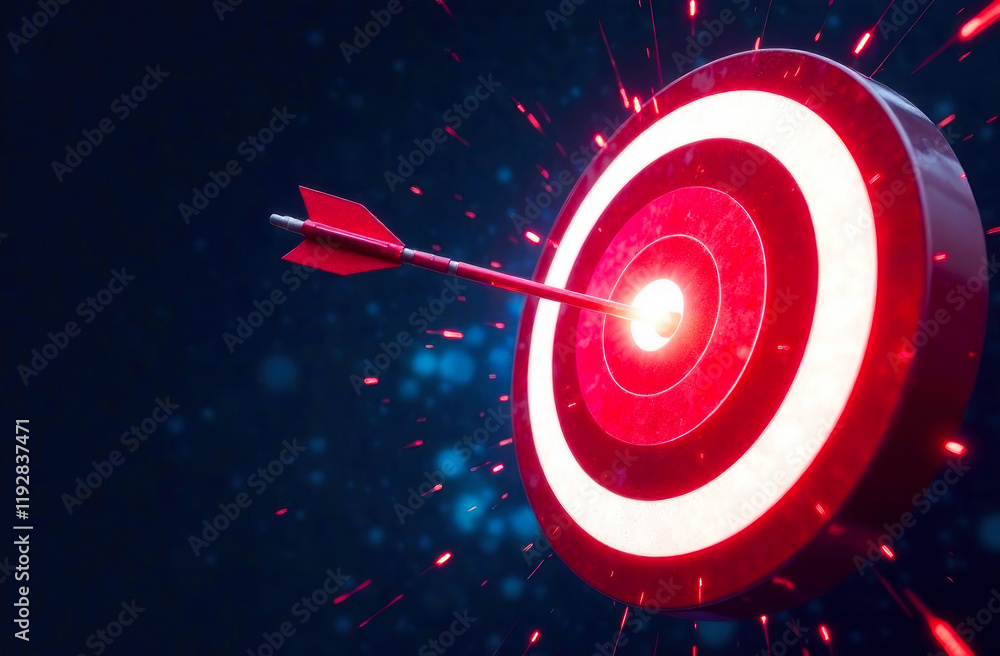 Poster an arrow hits the center of a digital target, creating a burst of light and sparks in a dark, futuri