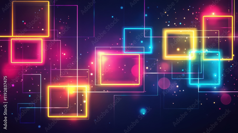 Poster abstract glowing neon squares background with geometric lines and colorful particles