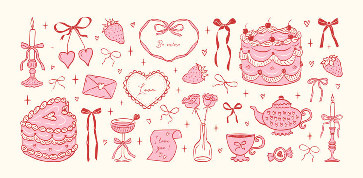Hand drawn coquette elements for Valentines day, wedding invitation, birthday card. Cute girly bows, hearts, ribbons, cherry, cake, heart frame, strawberry. Vintage elegant vector illustration.