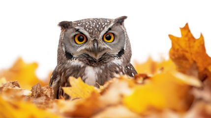  Boreal owl in autumn leaves isolated on a transparent or white background 
