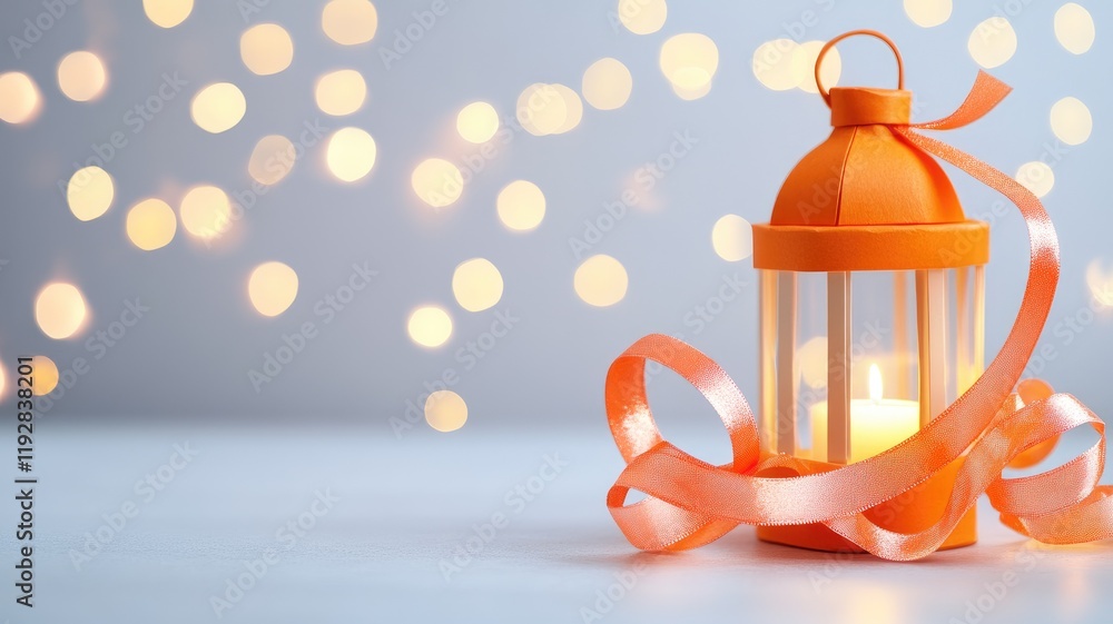 Poster orange lantern with ribbon and bokeh lights in background