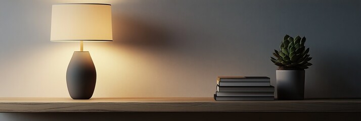 A lamp, books, and a succulent plant on a shelf against an empty wall, providing a cozy and stylish mockup space. 