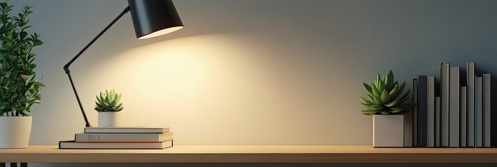 A lamp, books, and a succulent plant on a shelf against an empty wall, providing a cozy and stylish mockup space. 