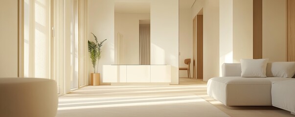 A minimal cream-colored living room wall cabinet for a TV, with a simple and elegant design. 