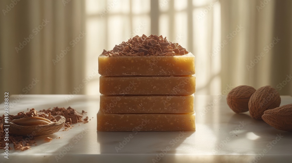 Poster artisan peanut butter confectionery stacked with chopped chocolate on marble surface surrounded by a