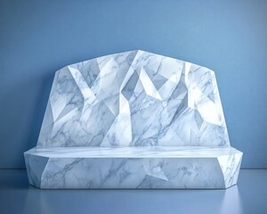 A minimalistic white marble podium with geometric shapes on a blue background, perfect for product demonstrations.